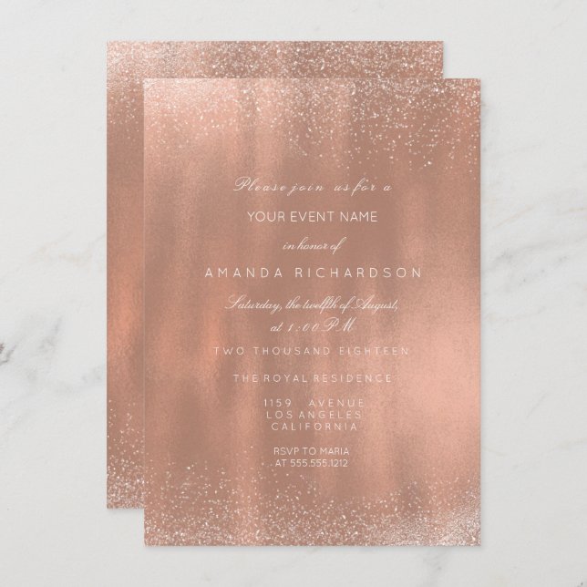 Invitación Rosa Purpurina de cobre Sparkly Bridal Cumpleaños (Anverso / Reverso)
