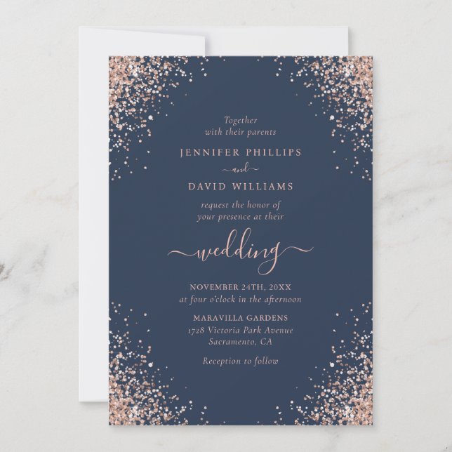 Invitación Rosa Purpurina de confetti dorado Boda azul de la  (Anverso)