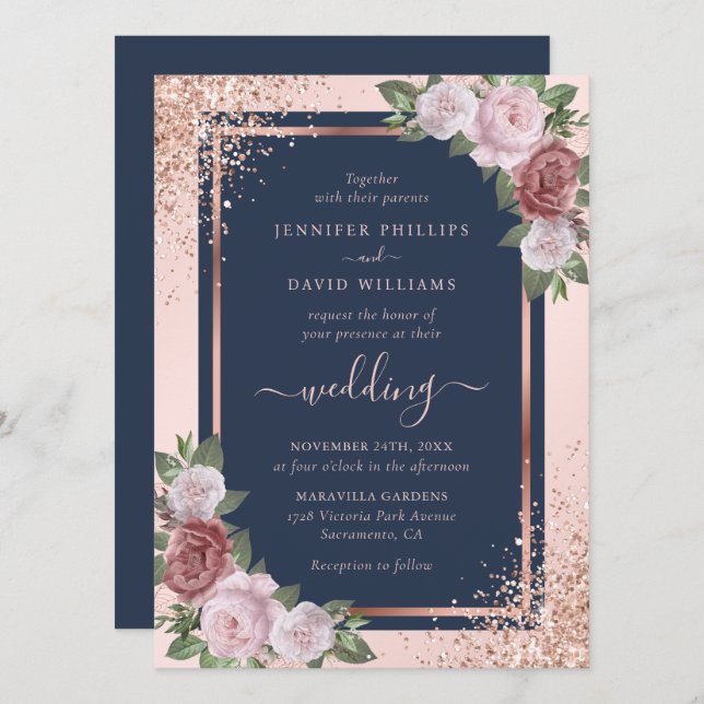 Invitación Rosa Purpurina de confetti dorado Boda Rubor azul  (Anverso / Reverso)