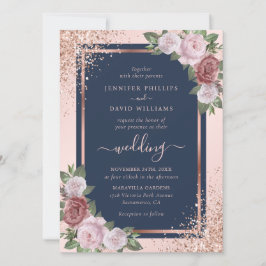 Invitación Rosa Purpurina de confetti dorado Boda Rubor azul 