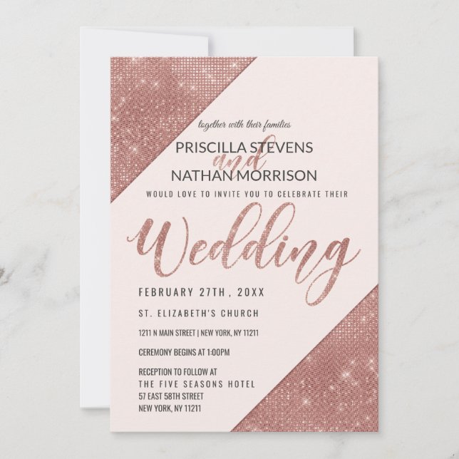 Invitación Rosa  Purpurina de esparkling de oro  Boda (Anverso)