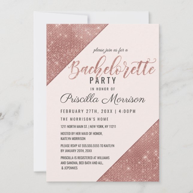 Invitación Rosa Purpurina de esparkling de oro Sequin Bachelo (Anverso)