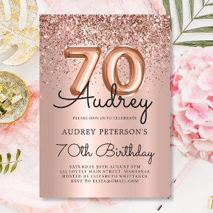 Invitación Rosa Purpurina de espuma de oro Balón 70 cumpleaño