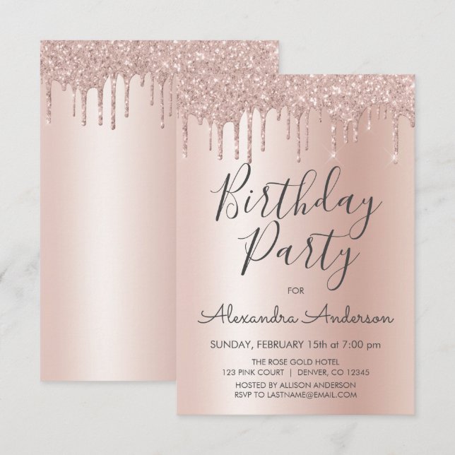 Invitación Rosa Purpurina de espuma de oro Cualquier cumpleañ (Anverso / Reverso)