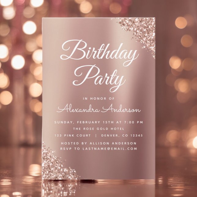 Invitación Rosa Purpurina de espuma de oro Cualquier cumpleañ (Subido por el creador)