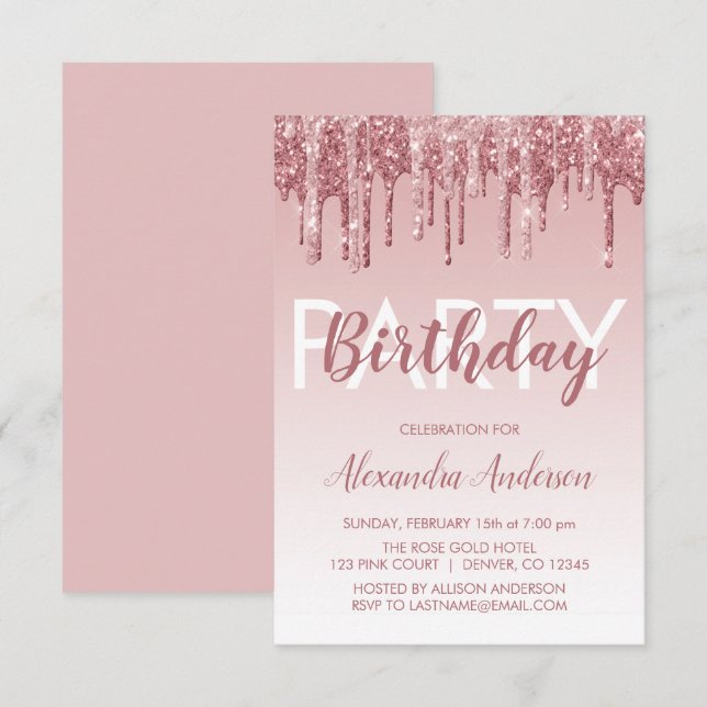 Invitación Rosa Purpurina de espuma de oro Cualquier cumpleañ (Anverso / Reverso)