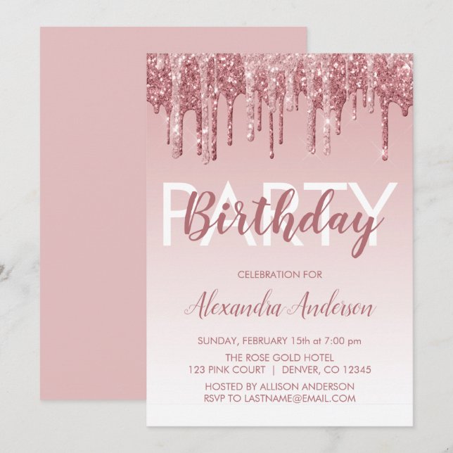 Invitación Rosa Purpurina de espuma de oro Cualquier cumpleañ (Anverso / Reverso)