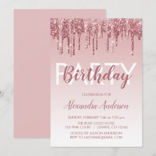 Invitación Rosa Purpurina de espuma de oro Cualquier cumpleañ