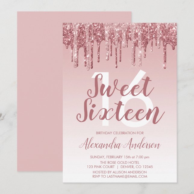Invitación Rosa Purpurina de espuma de oro Dulce Dieciséis cu (Anverso / Reverso)