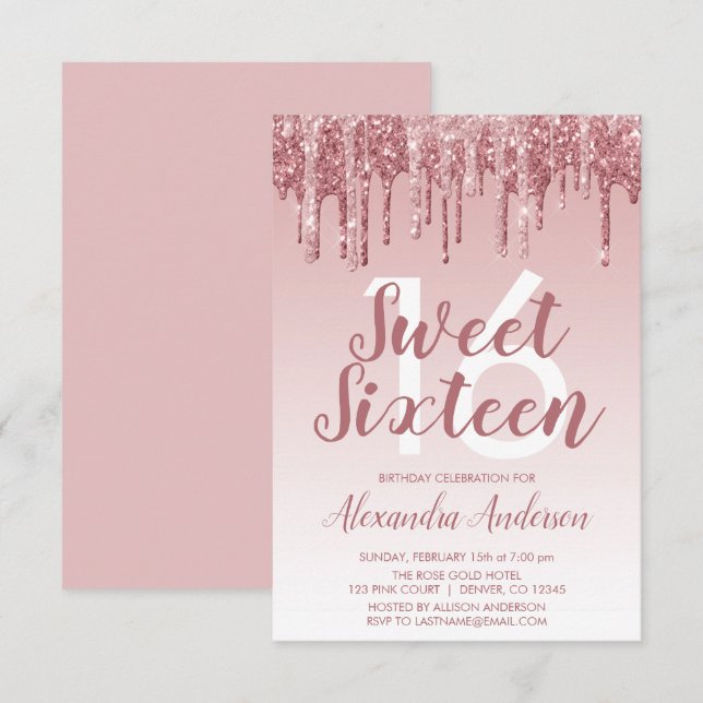 Invitación Rosa Purpurina de espuma de oro Dulce Dieciséis cu (Anverso / Reverso)