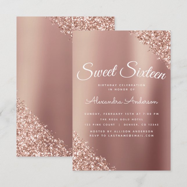 Invitación Rosa Purpurina de espuma de oro Dulce Dieciséis cu (Anverso / Reverso)
