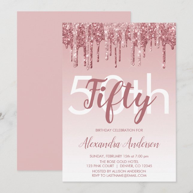 Invitación Rosa Purpurina de espuma de oro Fiesta de cumpleañ (Anverso / Reverso)