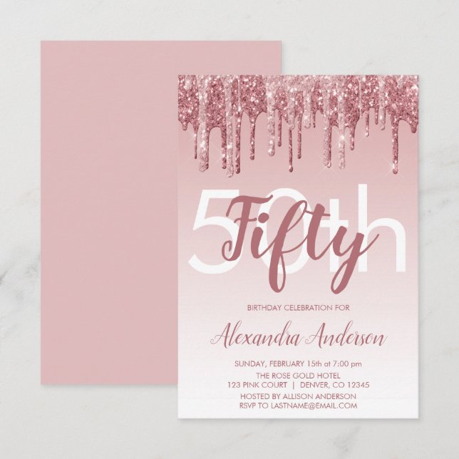 Invitación Rosa Purpurina de espuma de oro Fiesta de cumpleañ (Anverso / Reverso)