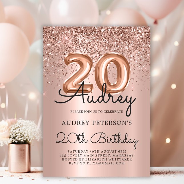 Invitación Rosa Purpurina de espuma de oro Globo 20 cumpleaño (Subido por el creador)