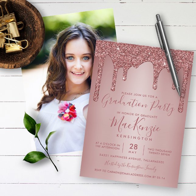 Invitación Rosa Purpurina de espuma de oro gotea foto de grad (Subido por el creador)