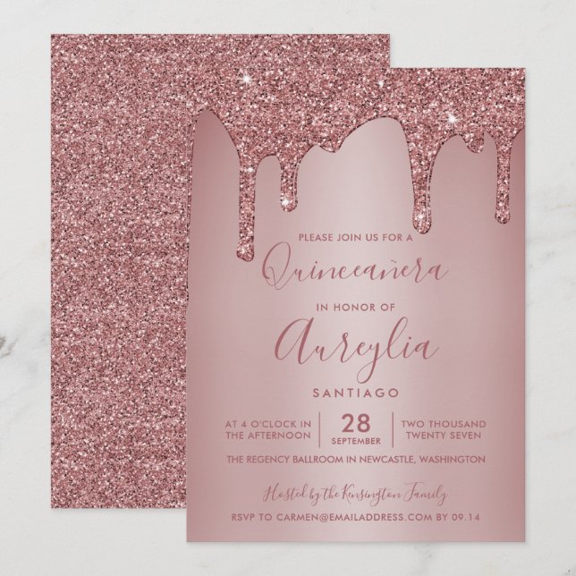 Invitación Rosa Purpurina de espuma de oro perfora Quinceañer (Anverso / Reverso)