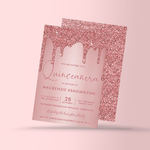 Invitación Rosa Purpurina de espuma de oro perfora Quinceañer