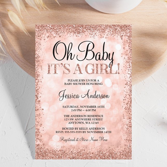 Invitación Rosa  Purpurina de Faux Luces Chica Baby Shower (Subido por el creador)