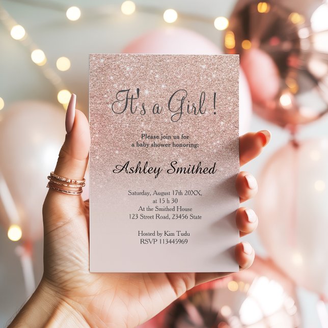 Invitación Rosa purpurina de glam dorado chica rosa oscuro du (Rose gold faux glitter pink ombre girl baby shower invitation)