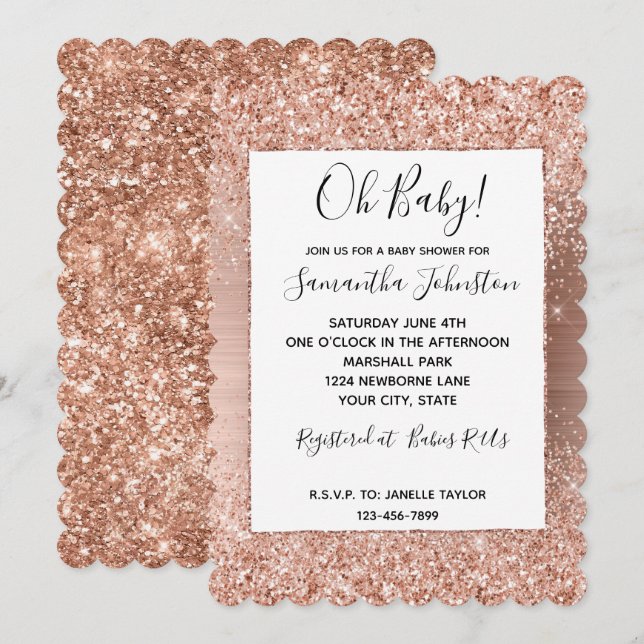 Invitación Rosa Purpurina de Glam Rosa Rubor Gold (Anverso / Reverso)