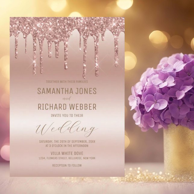 Invitación Rosa Purpurina de goteo de oro Boda de lavado metá (Subido por el creador)