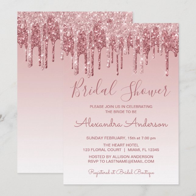 Invitación Rosa Purpurina de goteo rosa dorado ducha de novia (Anverso / Reverso)