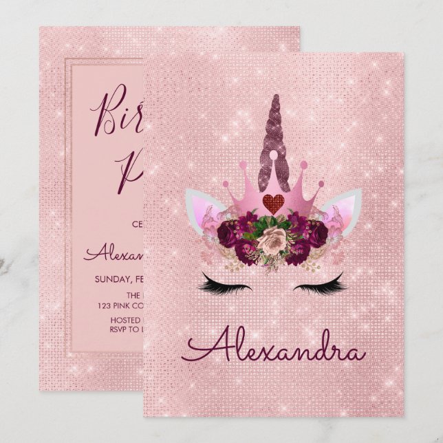 Invitación Rosa Purpurina de la Marcha de Oro Girly (Anverso / Reverso)