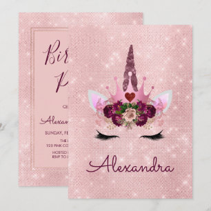 Invitación Rosa Purpurina de la Marcha de Oro Girly
