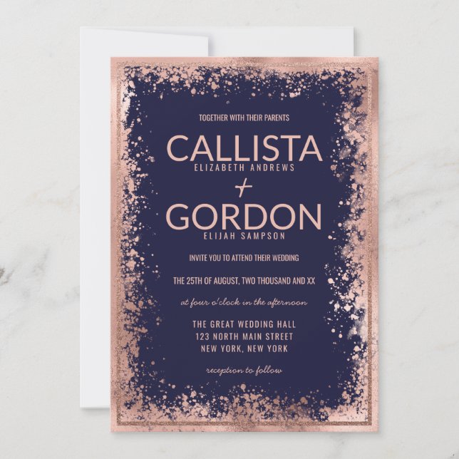 Invitación Rosa Purpurina   de la Marina de Oro Splatter Boda (Anverso)