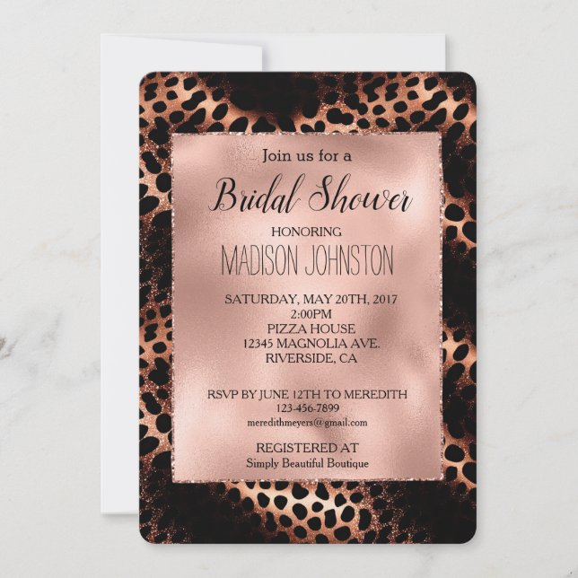 Invitación Rosa Purpurina de Leopardo Negro (Anverso)
