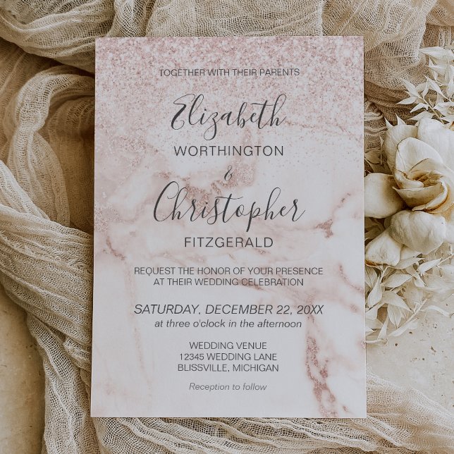 Invitación Rosa Purpurina de Mármol de Oro Boda elegante (Subido por el creador)