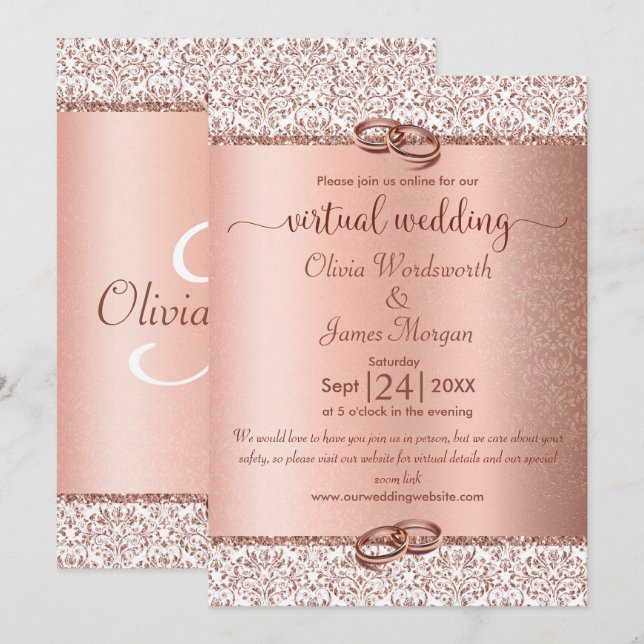 Invitación Rosa Purpurina de monograma dorado Boda virtual (Anverso / Reverso)