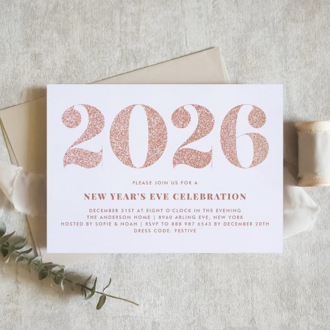 Invitación Rosa Purpurina de Oro 2024 Fiesta de Nochevieja (Customizable 2026 New Year's Eve party invitation featuring faux rose gold glitter.)