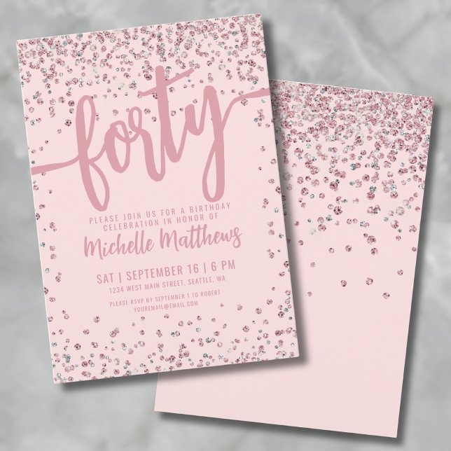 Invitación Rosa Purpurina de Oro 40 cumpleaños (Rose Gold Glitter 40th Birthday Invitation)