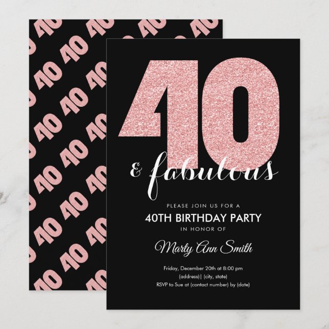 Invitación Rosa Purpurina de Oro 40 y fabulosa fiesta de cump (Anverso / Reverso)