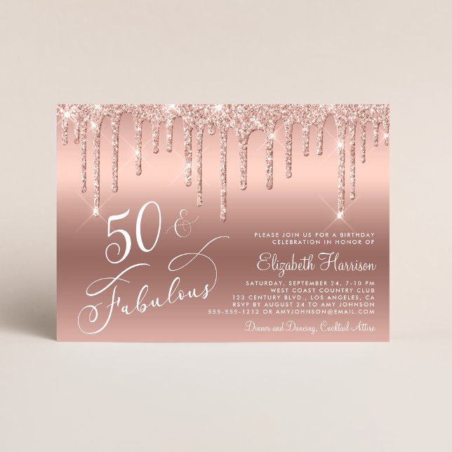 Invitación Rosa Purpurina de Oro 50 cumpleaños (Celebrate her 50 years of sparkle with an elegant rose gold glitter birthday party invitation  🎉 🎂)
