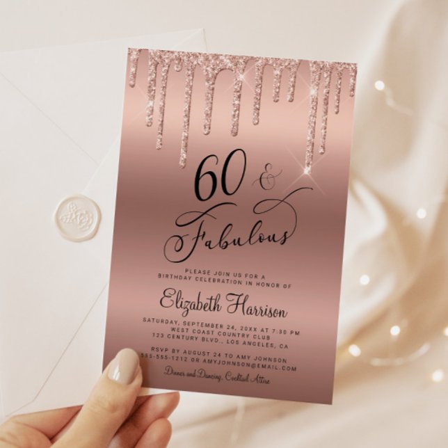 Invitación Rosa Purpurina de Oro 60ª fiesta de cumpleaños (Celebrate her 60 years of sparkle with an elegant rose gold glitter birthday party invitation  🎉 🎂)
