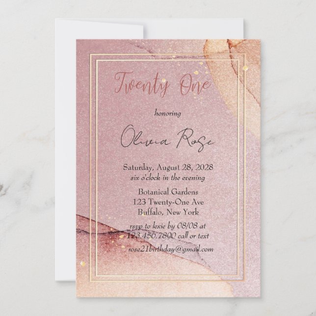 Invitación Rosa Purpurina de oro Alcohol Tinta Fiesta 21º cum (Anverso)