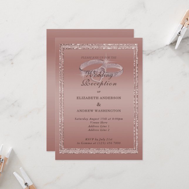 Invitación Rosa Purpurina de oro, Anillos plateados Recepción (Anverso/Reverso In Situ)