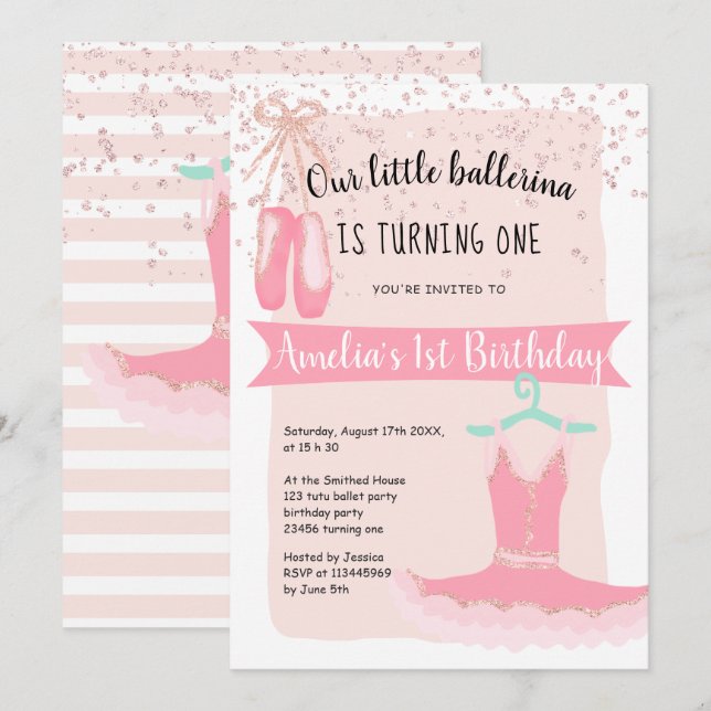 Invitación Rosa purpurina de oro bailarina de confeti 1er cum (Anverso / Reverso)