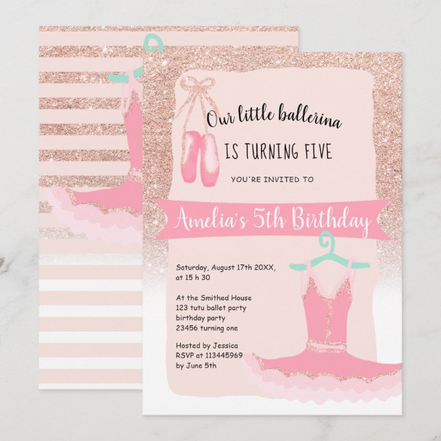 Invitación Rosa purpurina de oro bailarina tutu 5 cumpleaños (Anverso / Reverso)