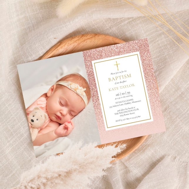 Invitación Rosa Purpurina de oro Bautismo Foto de Navidad (Subido por el creador)