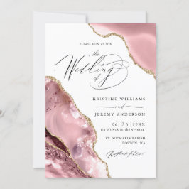 Invitación Rosa Purpurina de oro Black Script Boda de lujo In