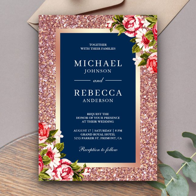 Invitación Rosa Purpurina de oro Boda azul de la Marina Flora (Subido por el creador)