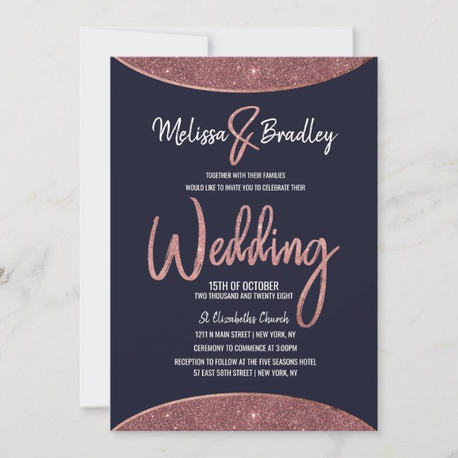 Invitación Rosa Purpurina de oro Boda circular azul de la Mar (Anverso)