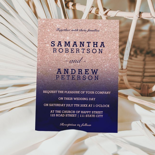 Invitación Rosa purpurina de oro boda de acuarela azul marino (Subido por el creador)