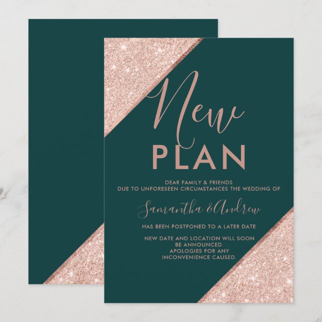 Invitación Rosa purpurina de oro boda de esmeralda verde nuev (Anverso / Reverso)