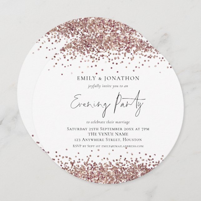 Invitación Rosa Purpurina de oro Boda Evending Fiesta Ronda (Anverso / Reverso)