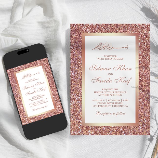 Invitación Rosa Purpurina de oro Boda musulmán blanco islámic (Subido por el creador)