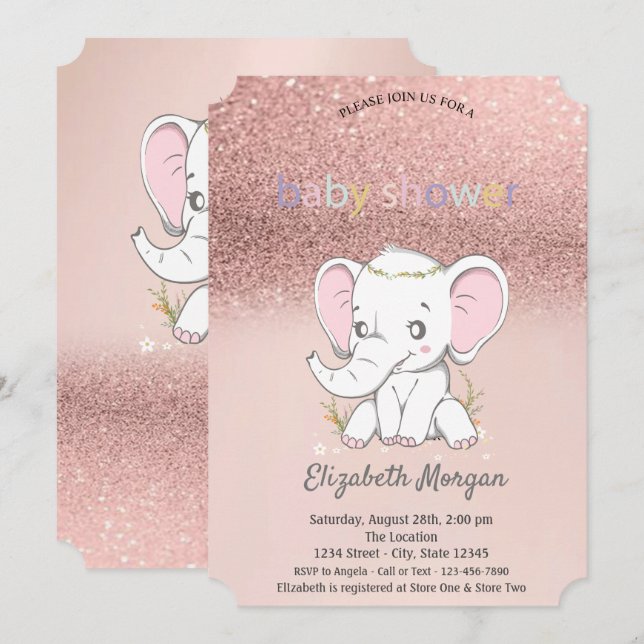 Invitación Rosa Purpurina de oro Bokeh, Baby Elephant Baby Sh (Anverso / Reverso)